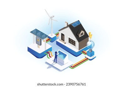 Ilustración isométrica moderna de una casa utilizando paneles solares con energía renovable.  Adecuado para diagramas, activos de juego y otros activos