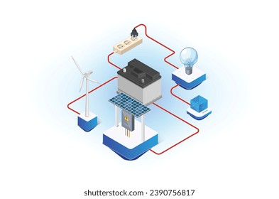 Ilustración isométrica moderna de una casa utilizando paneles solares con energía renovable.  Adecuado para diagramas, activos de juego y otros activos