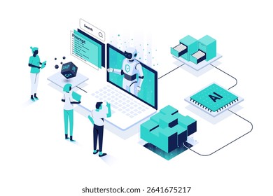 Modern isometric illustration of a humanoid AI assistant emerging from a laptop screen, collaborating with people in a digital office environment. Scene includes elements like code blocks, programming