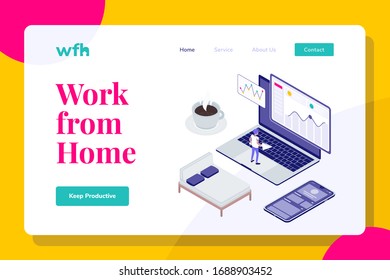 Modern Isometric Illustration Landing Page Work from Home, Web Banners, Suitable for Diagrams, Infographics, Book Illustration, Game Asset, And Other Graphic Assets