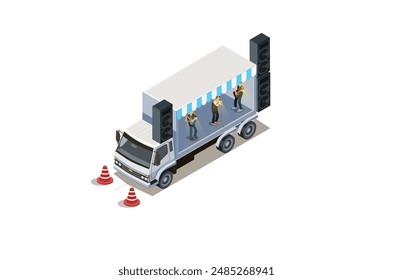 Modern Isometric illustration of a music stage on a truck, white background suitable for picture book assets, games and related assets