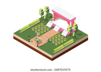 Modern isometric illustration of a sacred marriage vow altar with a flower garden, table 
and beautiful ornaments background isolated White