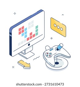 Ilustración isométrica moderna que muestra una configuración de juego de computadora con joystick, monitor