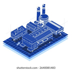 Modern isometric illustration of a smart industrial factory complex with interconnected buildings chimneys and solar panels representing advanced manufacturing systems