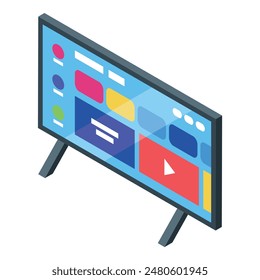 Modern isometric illustration of a smart television displaying a vibrant user interface with media icons