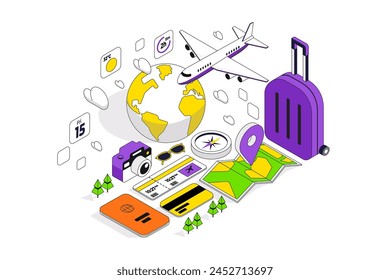 Ilustración isométrica moderna de Travel App. Se puede utilizar para Sitio web y Sitio web móvil o Landing Page. Fácil de editar y personalizar. Ilustración vectorial