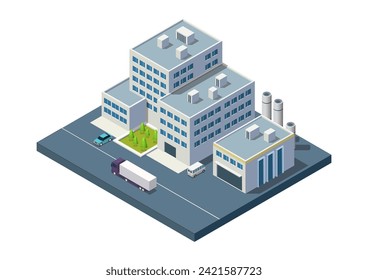 Modern Isometric Industrial Factory and Warehouse Logistic Building