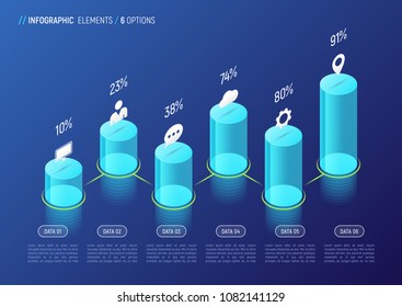 Modern isometric infographic design, chart, template, concept with 3d cylindrical elements on gradient background. 6 options, steps, processes. Global swatches.