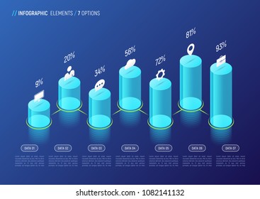 Modern isometric infographic design, chart, template, concept with 3d cylindrical elements on gradient background. 7 options, steps, processes. Global swatches.