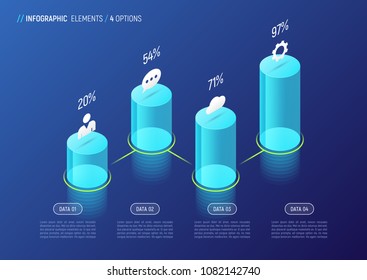 Modern isometric infographic design, chart, template, concept with 3d cylindrical elements on gradient background. 4 options, steps, processes. Global swatches.