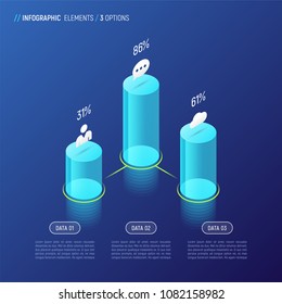 Modern isometric infographic design, chart, template, concept with 3d cylindrical elements on gradient background. 3 options, steps, processes. Global swatches.