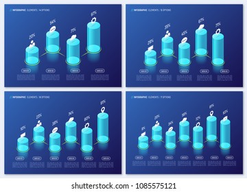 Modern isometric infographic designs, charts, templates, concepts with 3d cylindrical elements on gradient background. 4 5 6 7 options, steps, processes. Global swatches.