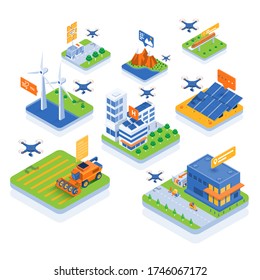 Modern Isometric Innovative drone technology Infographics. Iot smart farming, delivery, traffic, industry, future analysis and technology operations. Vector Isometric Illustration