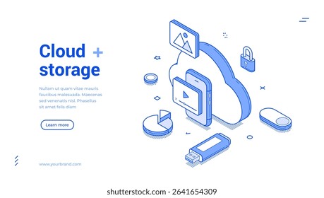 Modern isometric line banner illustrates cloud storage concepts, featuring a cloud icon, devices, and security elements. It serves as a template for digital presentations or tech promotions.