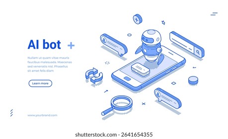 Modern Isometric line banner template showcases an ai bot interacting with a smartphone, emphasizing modern technology
