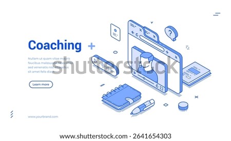 Modern isometric line banner template design displays a coaching session with a person participating in an online training setup.