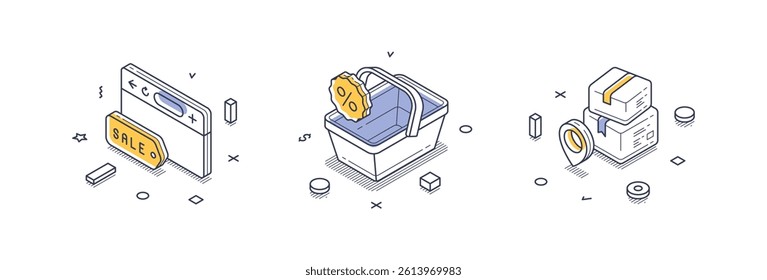 Modern isometric line icons depict various aspects of online shopping, featuring a shopping cart, payment methods, and packaged goods. Vector illustrations highlight digital retail elements