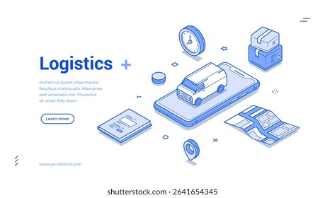 Modern isometric line illustration depicting logistics concepts. It includes a delivery van, smartphone, packages, and a clock, highlighting efficient supply chain management.
