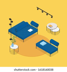 Modern isometric lobby in yellow and blue. Vector illustration in flat design, isolated.