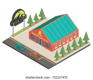 Modern Isometric Mountain Adventure Store Commercial Building Illustration