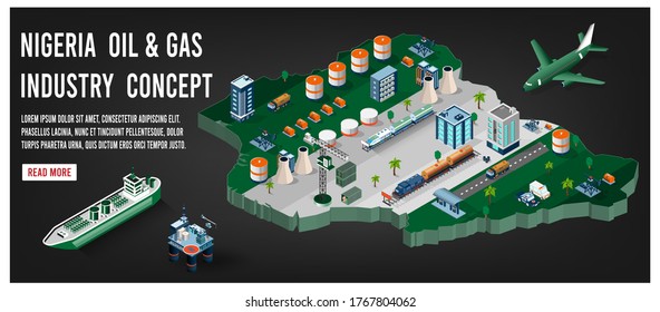 Modern Isometric Of Nigeria Oil And Gas Industry Concept With Offshore Crude Extraction, Transportation, Refinery Plant, Fuel Tanker Ship Rail Tanks. Easy To Edit And Customize. Vector Illustration