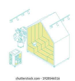 Moderna cabina de oficina isométrica en blanco. Ilustración vectorial en diseño plano, aislado. Estilo lineal y delineado.