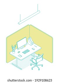 Modern isometric office cubicle desk on white. Vector illustration in flat design, isolated. Outlined, linear style. 