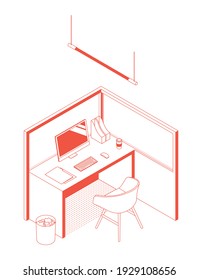 Modern isometric office cubicle desk on white. Vector illustration in flat design, isolated. Outlined, linear style. 