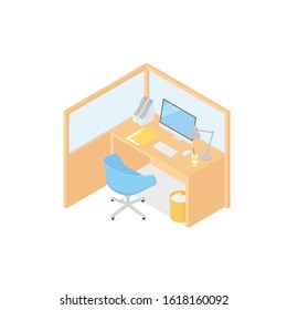 Modern isometric office cubicle on white. Vector illustration in flat design, isolated.