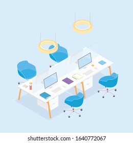Modern isometric office cubicles in blue. Vector illustration in flat design, isolated.
