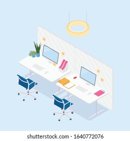 Modern isometric office cubicles in blue. Vector illustration in flat design, isolated.