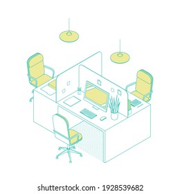 Modern isometric office cubicles on white. Vector illustration in flat design, isolated. Outlined, linear style. 