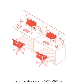 Modern isometric office cubicles on white. Vector illustration in flat design, isolated. Outlined, linear style. 