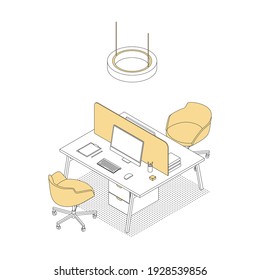 Modern isometric office cubicles on white. Vector illustration in flat design, isolated. Outlined, linear style. 