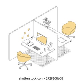 Modern isometric office cubicles on white. Vector illustration in flat design, isolated. Outlined, linear style. 