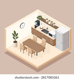 Modern isometric office kitchen vector illustration with dining area and coffee station