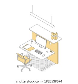 Modern Isometric Office Reception Desk On White. Vector Illustration In Flat Design, Isolated. Outlined, Linear Style.