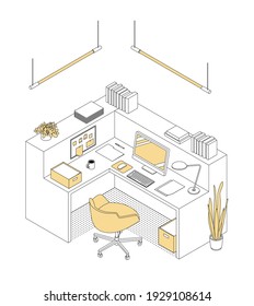 Modern Isometric Office Reception Desk On White. Vector Illustration In Flat Design, Isolated. Outlined, Linear Style.