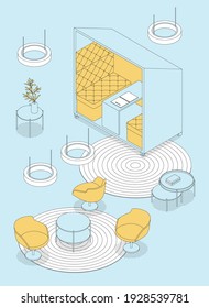 Modern isometric office space. Vector illustration in flat design, isolated. Outlined, linear style. 