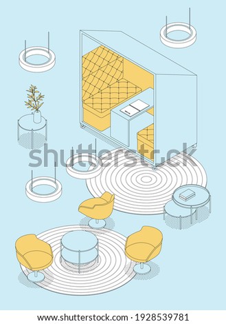 Modern isometric office space. Vector illustration in flat design, isolated. Outlined, linear style. 