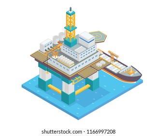 Modern Isometric Offshore Oil Rig Drilling Facility Illustration, Suitable For Book Illustration, Game Asset, Infographic, And Other Oil Industry Related Occasion 