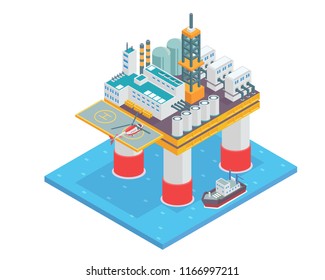 Modern Isometric Offshore Oil Rig Drilling Facility Illustration, Suitable For Book Illustration, Game Asset, Infographic, And Other Oil Industry Related Occasion 