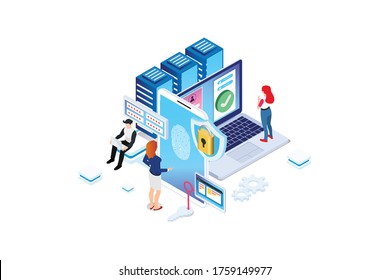 Modern Isometric Online administrator, web hosting concept. Technician repair software. Hardware protection share infographic. Store safe server. Suitable for Diagrams, Game Asset, And Other asset