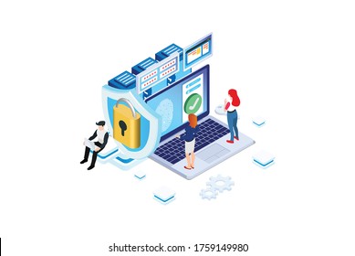 Modern Isometric Online administrator, web hosting concept. Technician repair software. Hardware protection share infographic. Store safe server. Suitable for Diagrams, Game Asset, And Other asset