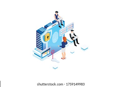 Administrador Isometric Online moderno, concepto de alojamiento web. Software técnico de reparación. Infografía compartida de protección de hardware. Almacenar un servidor seguro. Adecuado para diagramas, activos de juego y otros activos