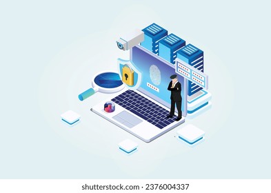 Modern Isometric Online administrator, web hosting concept. Technician repair software. Hardware protection share infographic. Store safe server. Suitable for Diagrams, Game Asset, And Other asset
