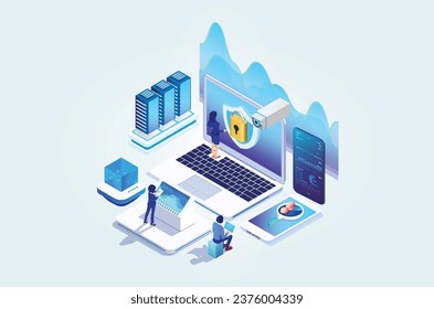 Modern Isometric Online administrator, web hosting concept. Technician repair software. Hardware protection share infographic. Store safe server. Suitable for Diagrams, Game Asset, And Other asset