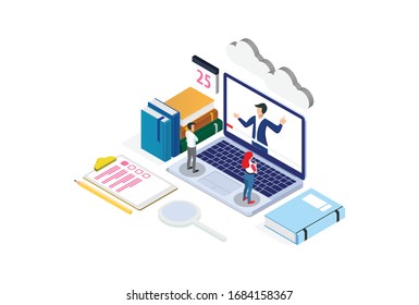 Modern Isometric Online education concept With Laptop, Suitable for Diagrams, Infographics, Game Asset, And Other Graphic Related Assets 