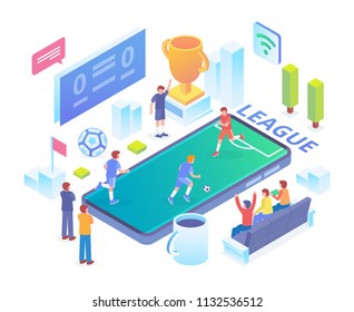 Modern Isometric Online Live Soccer Competition Illustration in White Isolated Background With People and Digital Related Asset