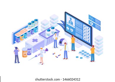 Modern Isometric Online Pharmacy Illustration, Web Banners, Suitable for Diagrams, Infographics, Book Illustration, Game Asset, And Other Graphic Related Assets